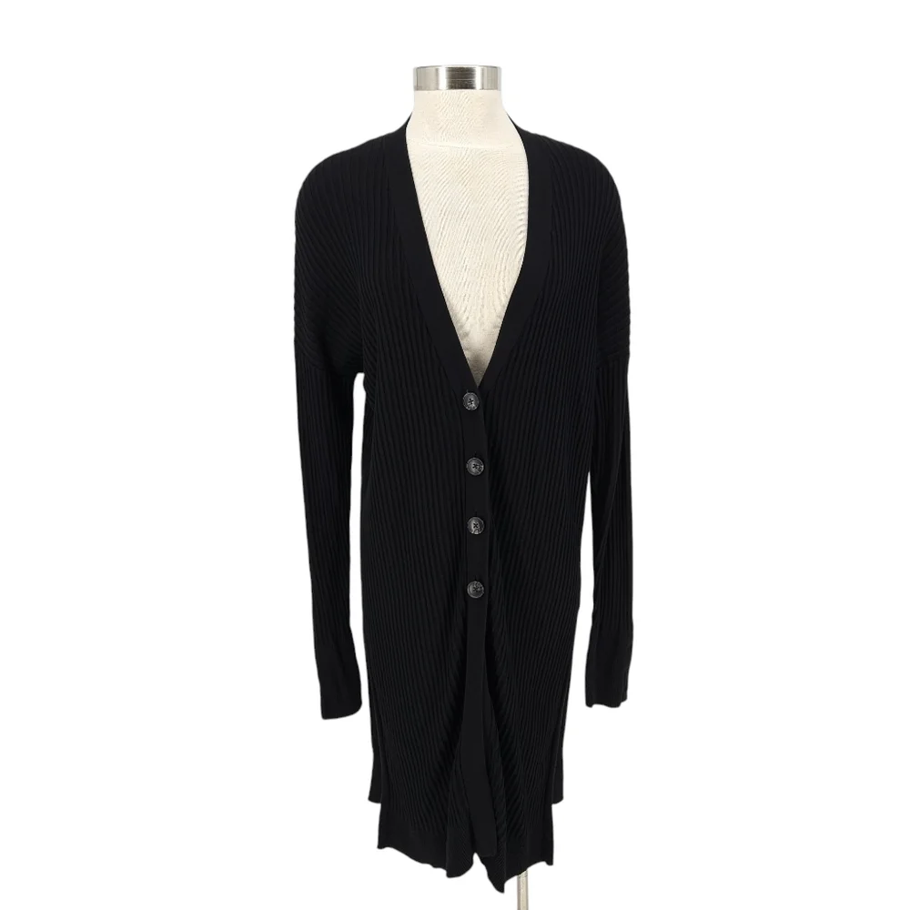 John + Jenn Tunic Sweater Cardigan Black Long Sleeve Rib Knit VNeck Button Large - Picture 1 of 5